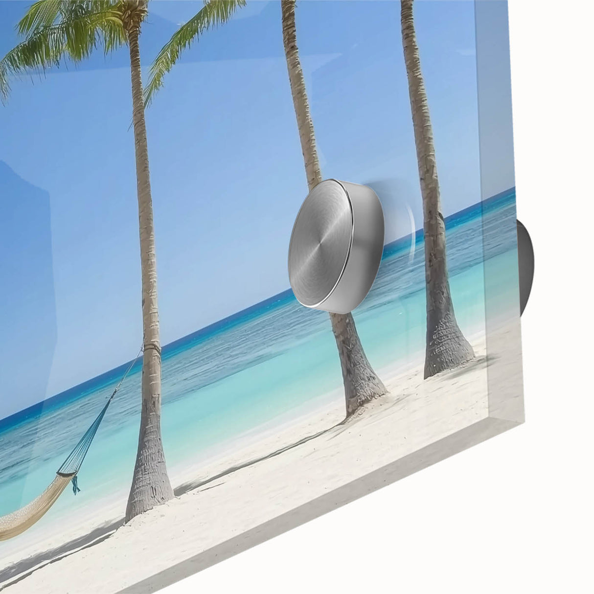 Close-up of a vibrant acrylic landscape art piece depicting serene beaches, featuring soft waves and bright colors, ideal for home decor or coastal-themed spaces.