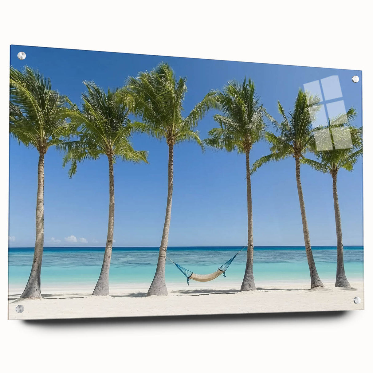 Acrylic glass artwork depicting a serene beach landscape with vibrant colors and intricate details, showcased from a side view, secured with decorative pins.