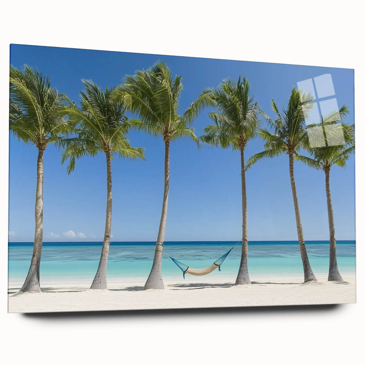 Acrylic glass artwork depicting a serene beach landscape, showcasing vibrant colors and intricate details, presented in a side view without pins for a sleek display.