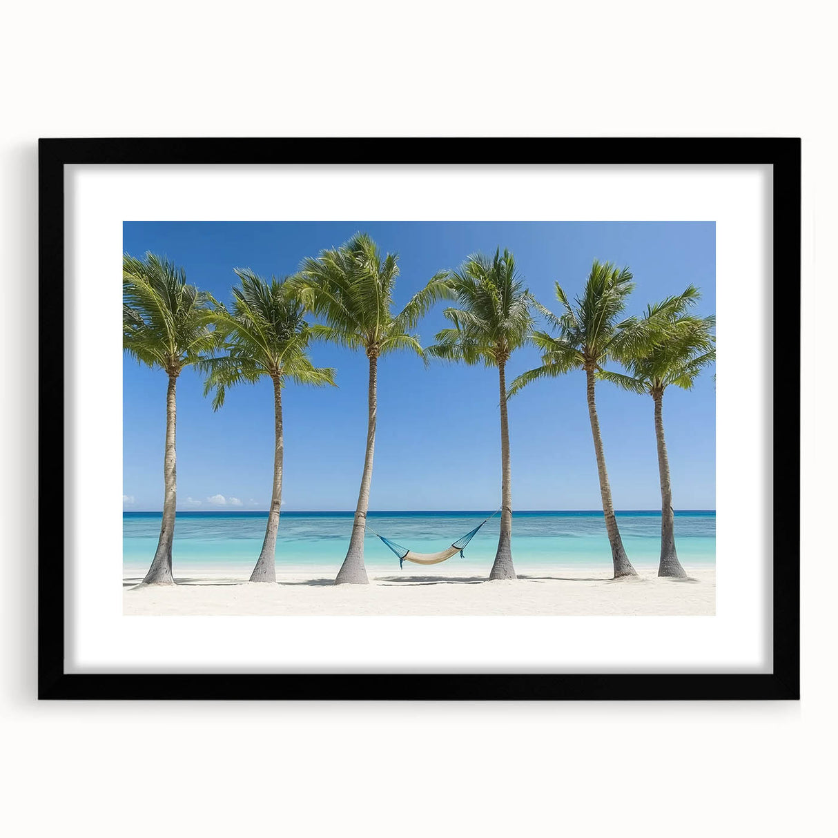 Black-framed landscape artwork featuring vibrant beach scene with soothing blue waters and golden sands, designed to enhance home decor and create a serene atmosphere.