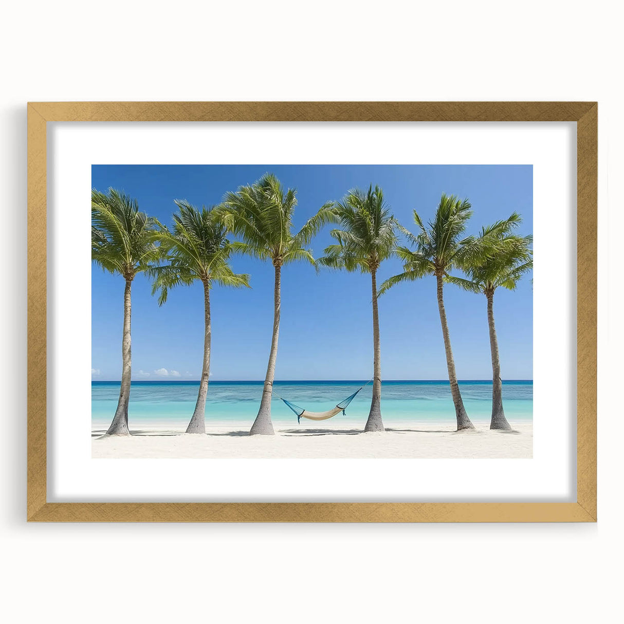 Elegant landscape artwork featuring a serene beach scene framed in a gold mat, showcasing soft pastel colors and tranquil waves, perfect for home decor.