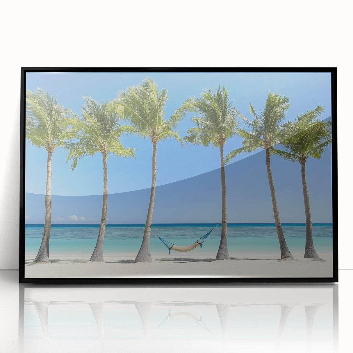 Framed acrylic artwork displaying a serene beach landscape with vibrant blues and sandy tones, featuring a sleek black frame for modern decor appeal.