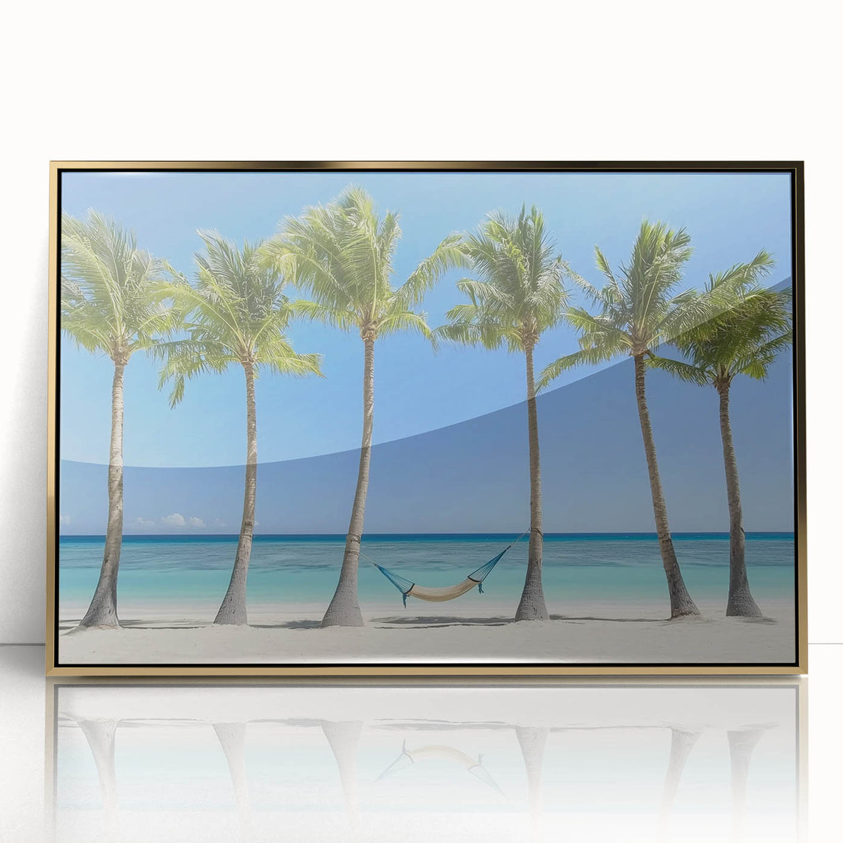 Framed acrylic artwork showcasing a vibrant beach landscape with golden accents, perfect for enhancing home decor and creating a tranquil atmosphere. The design highlights serene waves and sandy shores, ideal for beach lovers.