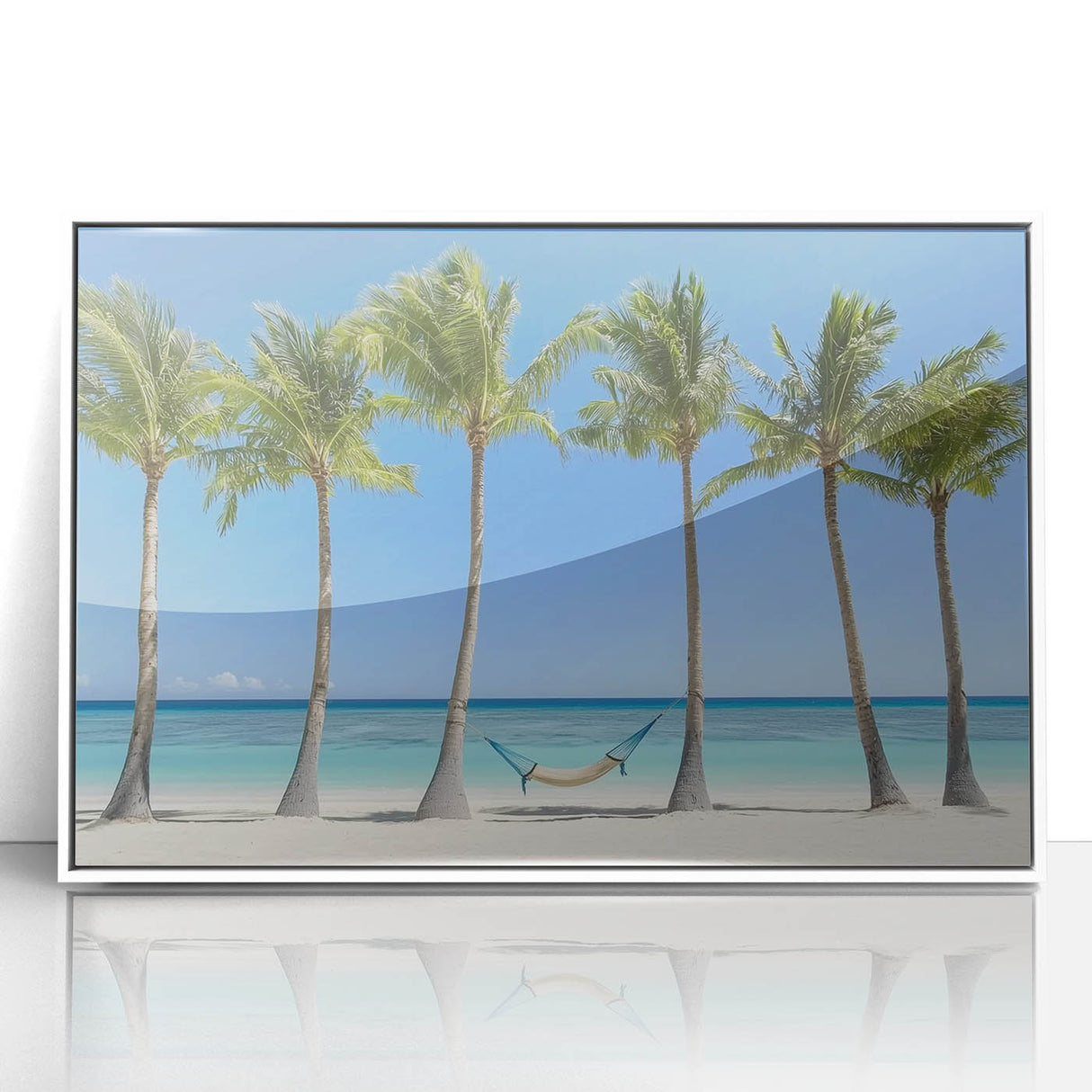 Framed acrylic artwork showcasing a serene beach landscape with vibrant colors, set against a crisp white frame, perfect for coastal-themed decor.