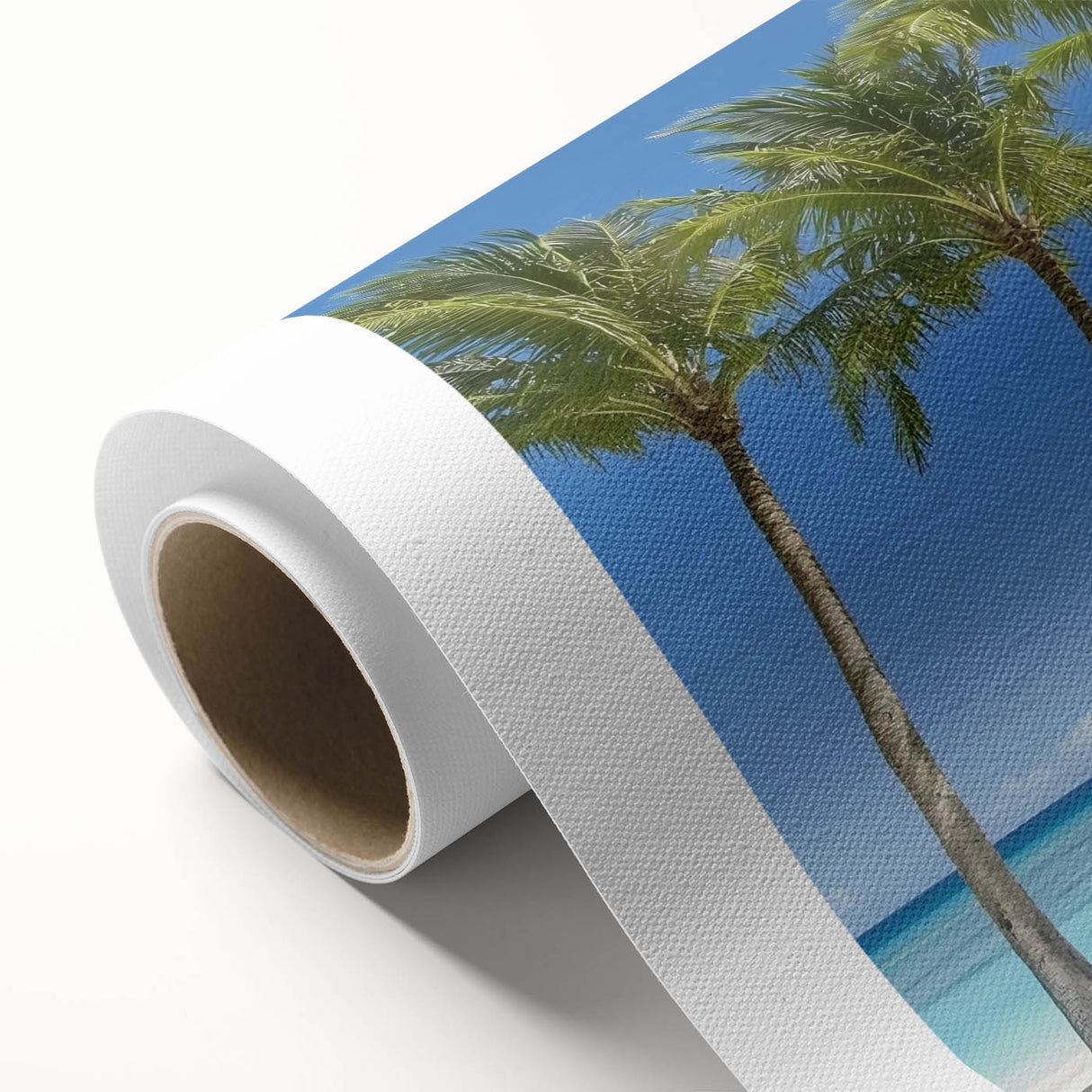 Landscape canvas artwork depicting a serene beach scene with gentle waves and soft pastel colors, rolled and ready for display in a protective tube. Ideal for coastal-themed decor.