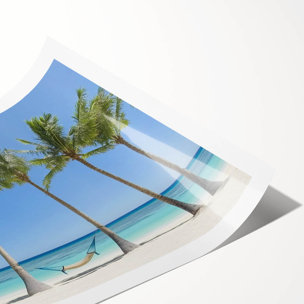 Stunning landscape print of serene beaches with vibrant blue skies and soft white sands, rolled and ready for framing, perfect for coastal home decor.