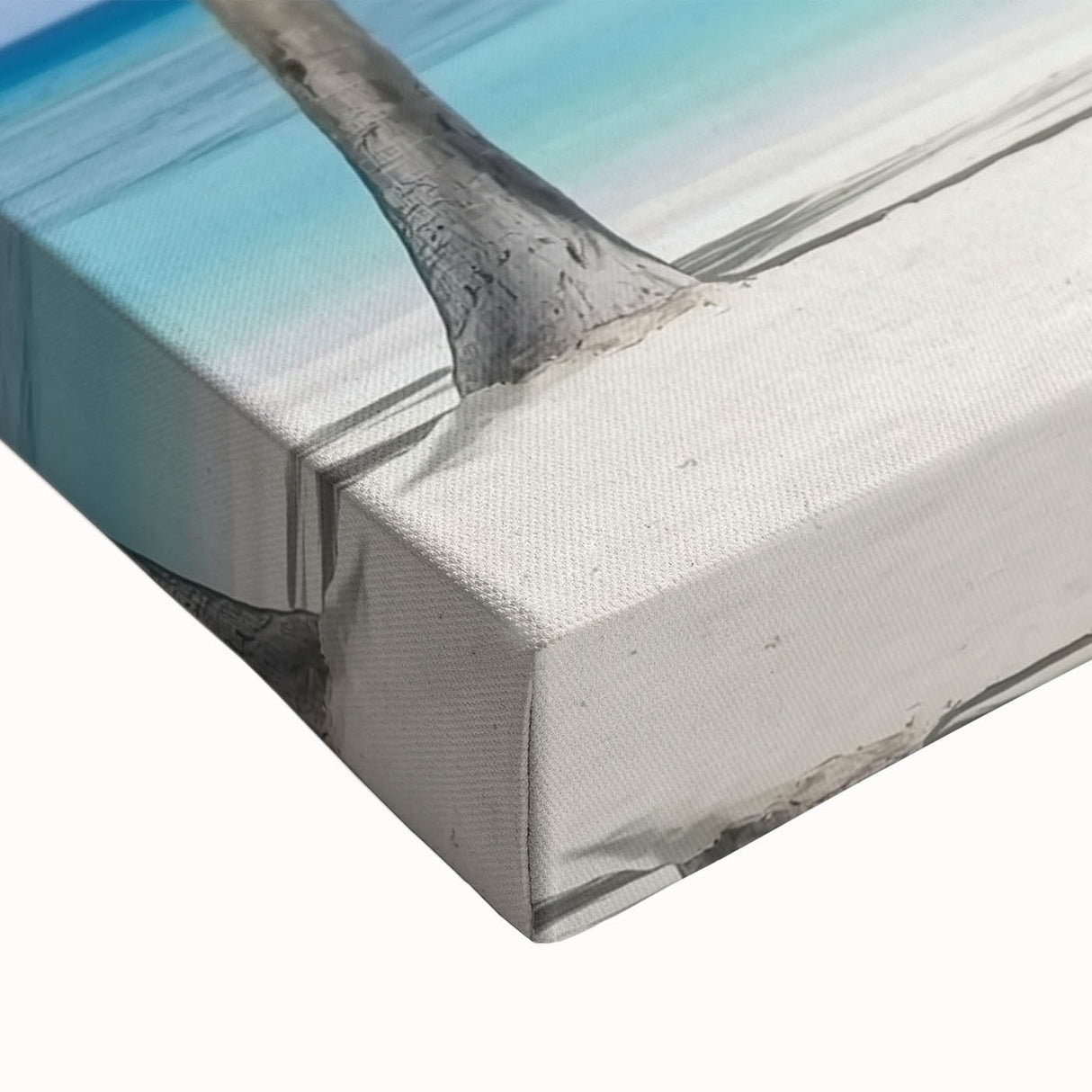 Close-up of a stretched canvas artwork depicting a serene beach landscape, showcasing vibrant colors and intricate details, perfect for coastal-themed home decor.