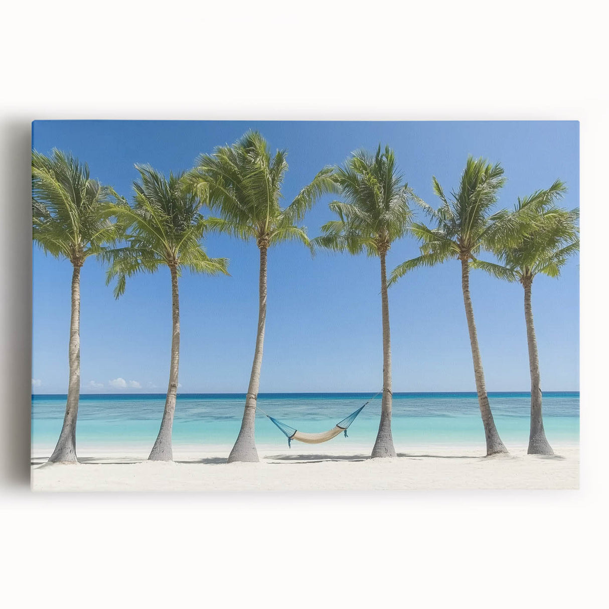 Stretched canvas artwork depicting a serene beach landscape with vibrant colors and soft waves, perfect for enhancing coastal-themed decor in living spaces.