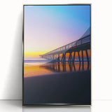 Framed acrylic artwork showcasing a contemporary landscape bridge design with silver accents, perfect for modern home decor, mounted against a neutral background.