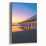 Framed canvas artwork showcasing a modern landscape bridge design with a silver frame, highlighting intricate details and vibrant colors, ideal for home decor.