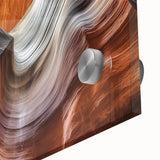 Close-up view of a stunning landscape acrylic print showcasing vibrant canyons in rich earth tones, highlighting intricate textures and details of the natural rock formations. Ideal for home decor or art enthusiasts seeking unique wall art inspired by nature.