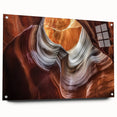 Landscape acrylic glass artwork depicting vibrant canyons in rich earth tones, showcased from a side view with decorative pins for added dimension and style.
