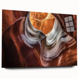 Acrylic glass artwork showcasing a striking landscape of canyons in vibrant colors, viewed from the side without pins. Ideal for modern home decor.