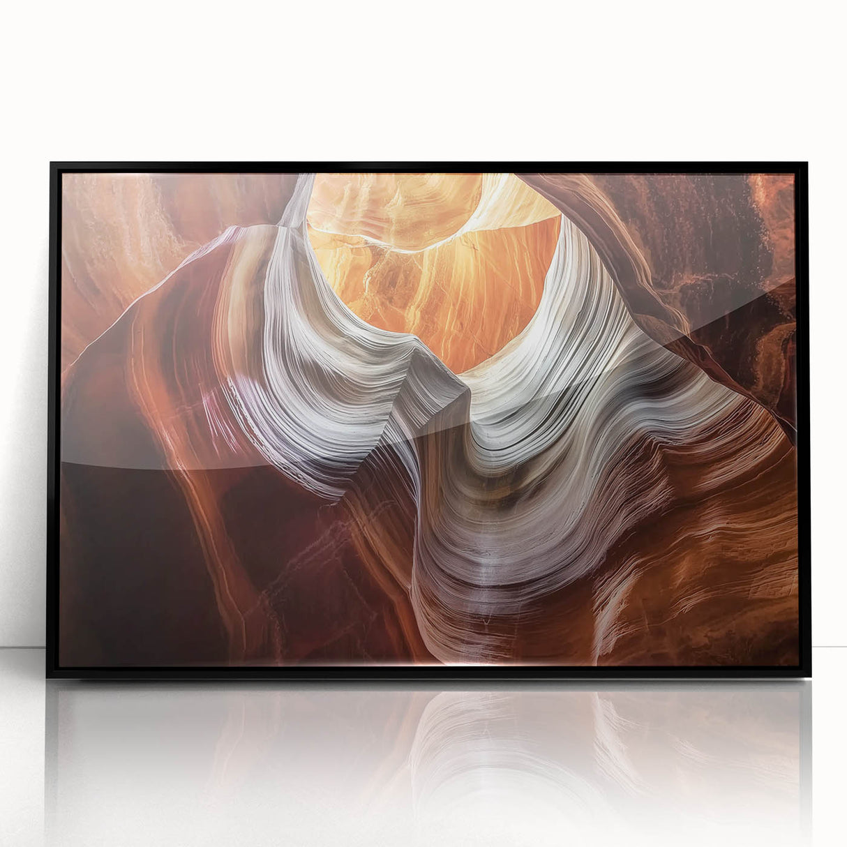 Framed acrylic artwork showcasing a vibrant landscape of canyons, featuring rich earthy tones and dramatic rock formations, perfect for home décor.