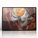 Framed acrylic artwork showcasing a vibrant landscape of canyons, featuring rich earthy tones and dramatic rock formations, perfect for home décor.