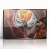 Framed acrylic artwork showcasing a stunning landscape of canyons, featuring vibrant colors and intricate details, perfect for home decor and art enthusiasts.