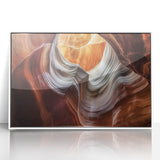 Framed acrylic artwork titled "Design 125" showcasing a vibrant landscape of canyons, highlighted by rich earthy tones and intricate details, perfect for home decor.