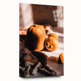 Large abstract wall art depicting fall seasons in muted orange and brown tones on acrylic glass.