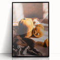 Large abstract wall art depicting fall foliage in mid-century modernist style, framed in black acrylic.