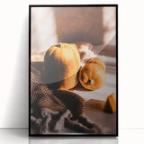 Large abstract wall art depicting fall foliage in mid-century modernist style, framed in black acrylic.