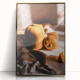 Large art print of a mid-century modernist autumn scene in gold and orange tones, framed acrylic.