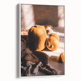 Vintage poster art of fall season depicted in vibrant colors on a large framed canvas, suitable for living room decor.