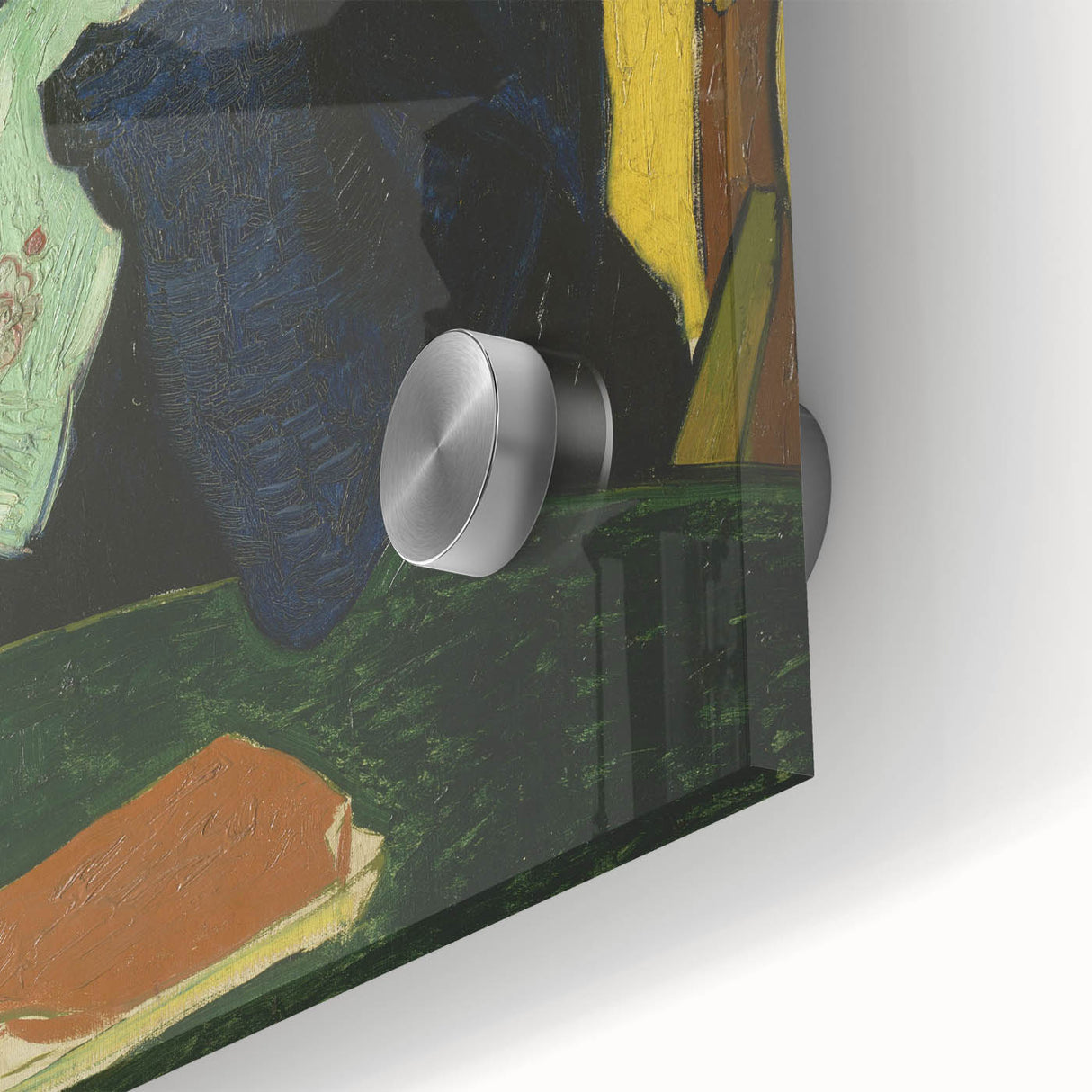 Large abstract wall art on acrylic glass depicting vibrant, swirling hues in a mid-century modernist style.