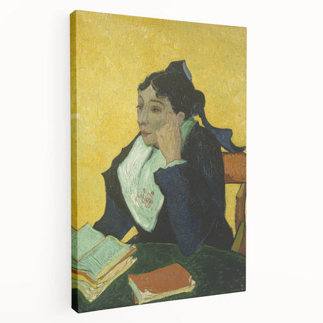 Side view of a large stretched canvas depicting Van Gogh's Starry Night in vibrant blue and yellow tones.