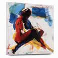 Abstract figurative acrylic artwork displayed on glass, showcasing vibrant colors and unique pin detailing, ideal for modern home decor.
