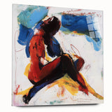 Abstract figurative acrylic artwork displayed in a glass frame, showcasing vibrant colors and dynamic shapes, ideal for modern home decor or gallery exhibitions.