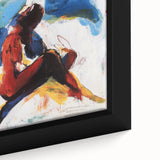 Close-up of an abstract figurative framed canvas artwork showcasing vibrant colors and intricate patterns, perfect for modern home decor and artistic expression.