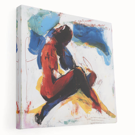 Abstract figurative stretched canvas artwork showcasing vibrant colors and dynamic shapes, ideal for modern home decor and art enthusiasts. Side view highlights its depth and texture, enhancing any space's aesthetic appeal.