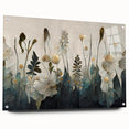 Abstract floral wall art design printed on acrylic glass, showcasing vibrant colors and intricate patterns, displayed with decorative pins against a neutral background.