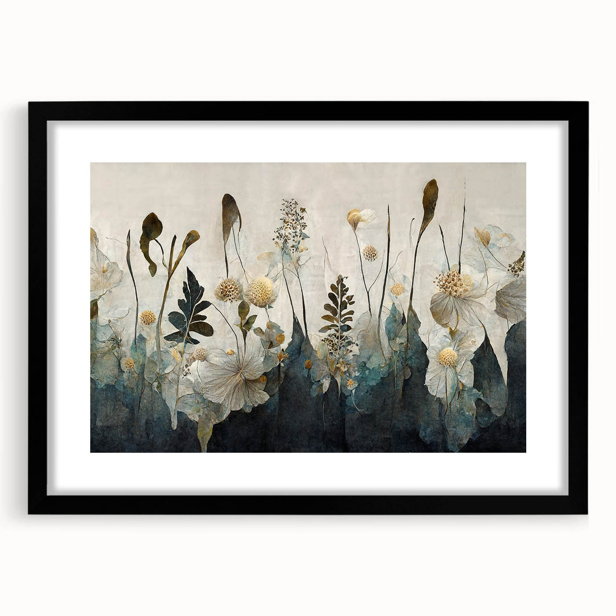 Abstract floral wall art framed in black with a white mat, showcasing vibrant colors and intricate designs, perfect for modern home decor and artistic expression.