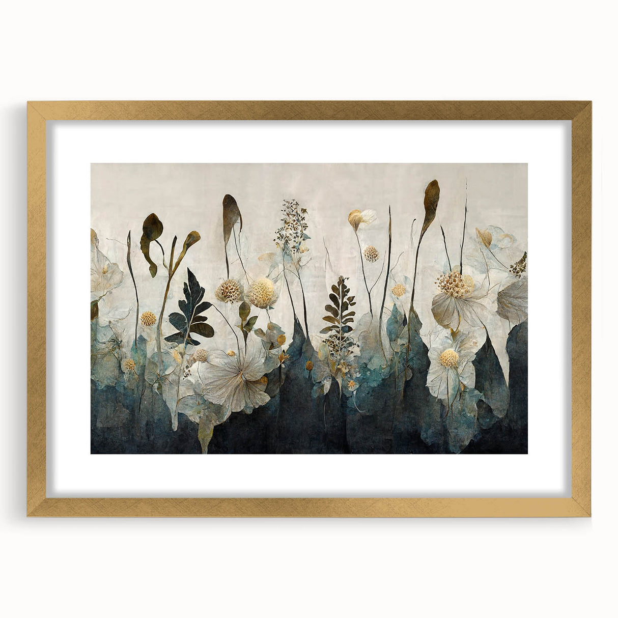Abstract floral wall art framed in gold with a mat, showcasing vibrant colors and intricate designs, perfect for home decor enhancement and modern interiors.