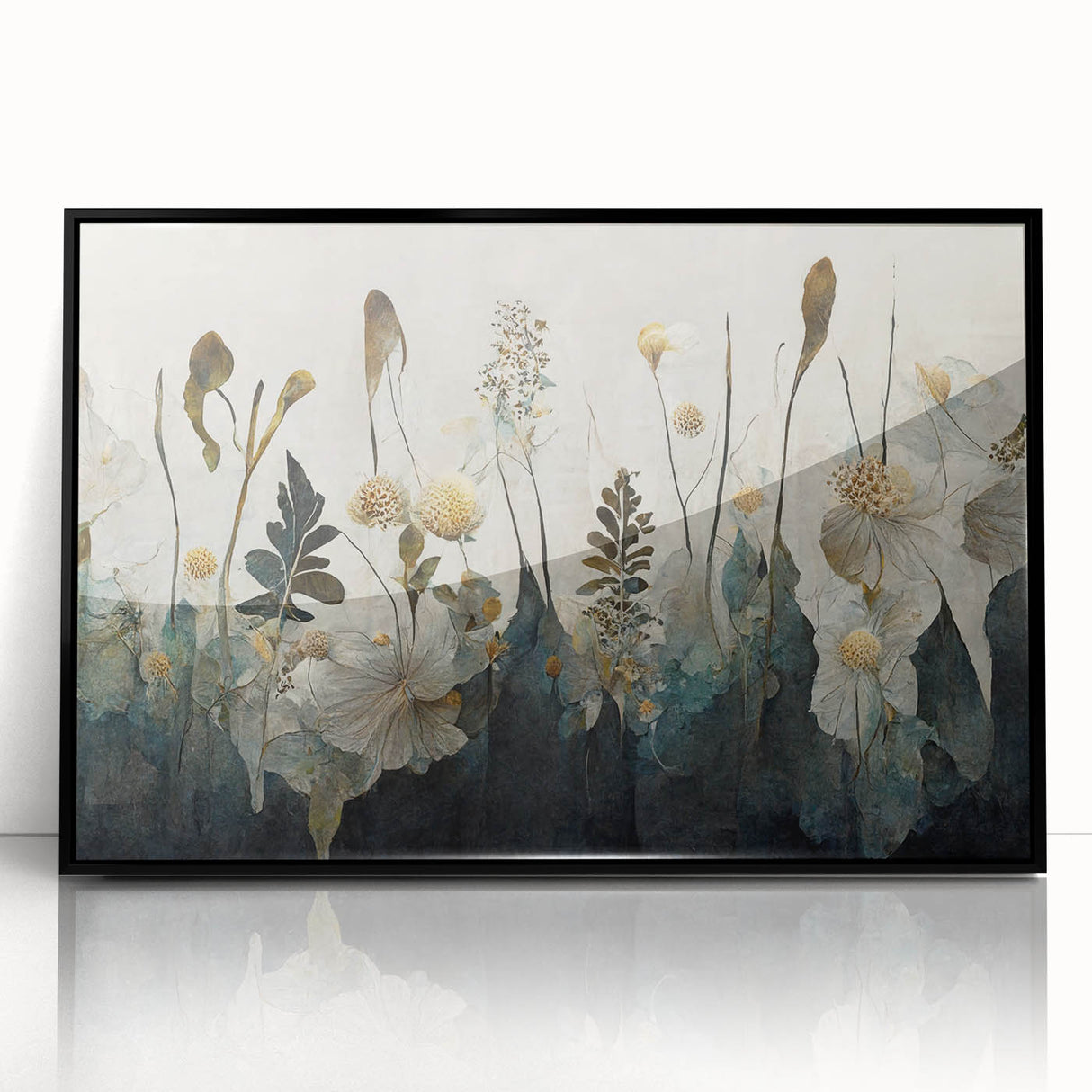 Framed abstract floral wall art with vibrant colors in a black frame, showcasing intricate design elements and modern aesthetics, perfect for home decor.