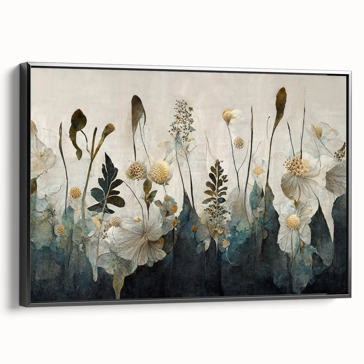 Framed canvas wall art showcasing an abstract floral design in vibrant colors, featuring a sleek black frame and side profile view, perfect for modern decor.