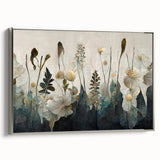 Abstract floral wall art in a sleek silver frame, showcasing vibrant colors and intricate designs, ideal for modern home decor. Perfect for enhancing any living space.