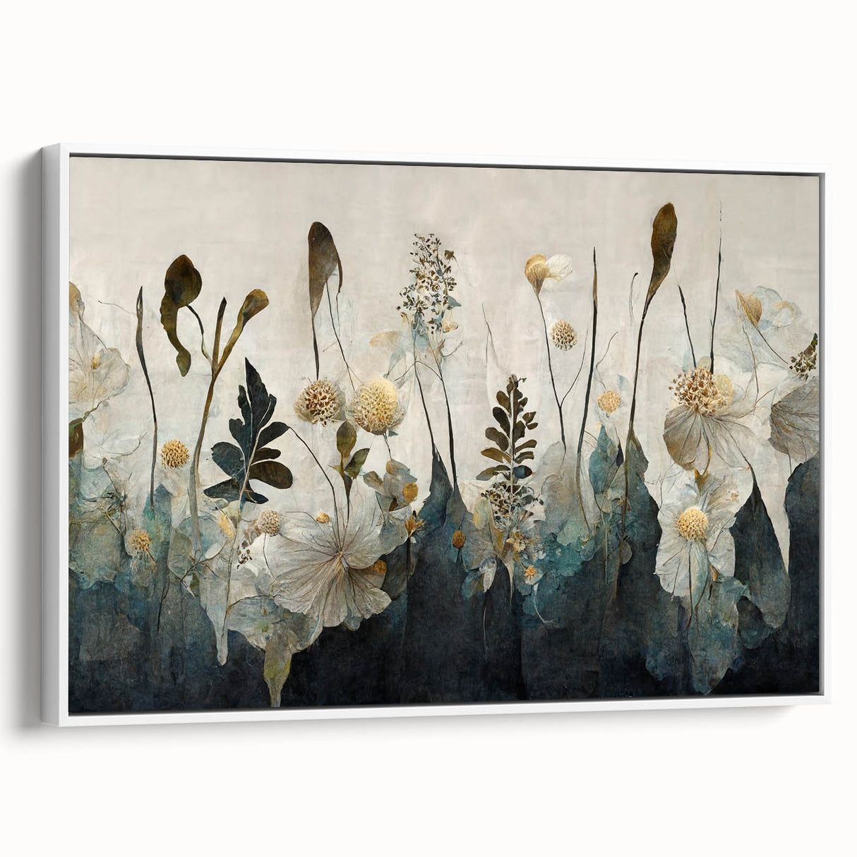 Abstract floral wall art in a white frame, showcasing vibrant colors and intricate patterns, perfect for modern home decor. Side view highlights the frame's elegant design, enhancing any living space.