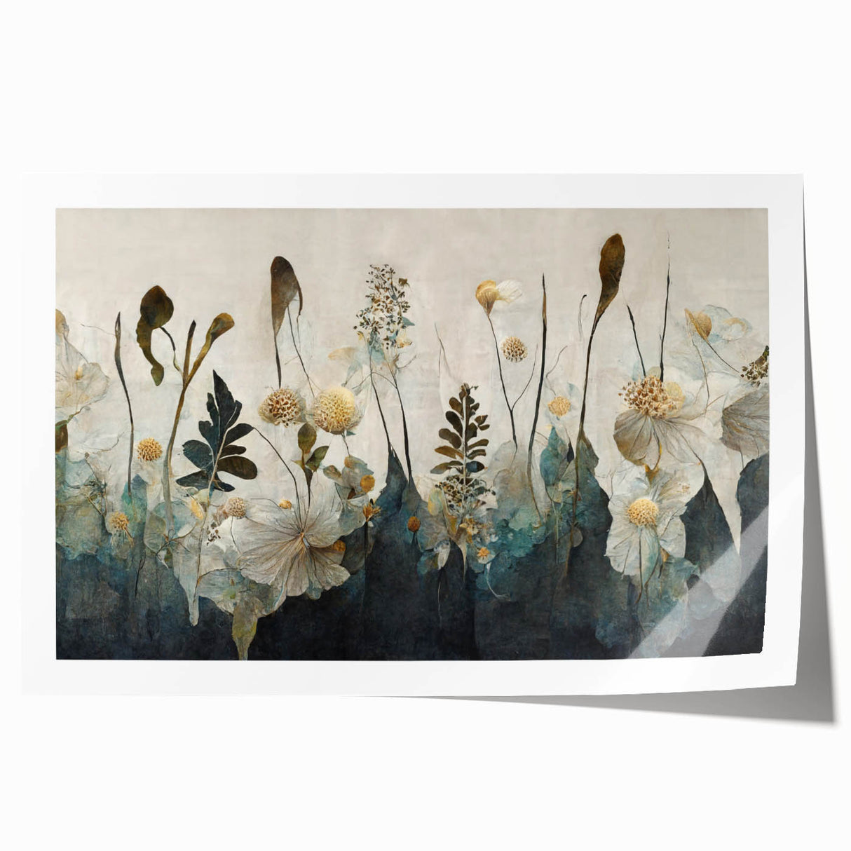 Abstract floral wall art print showcasing vibrant colors of pink, blue, and green, elegantly rolled and ready for display, perfect for modern home decor.