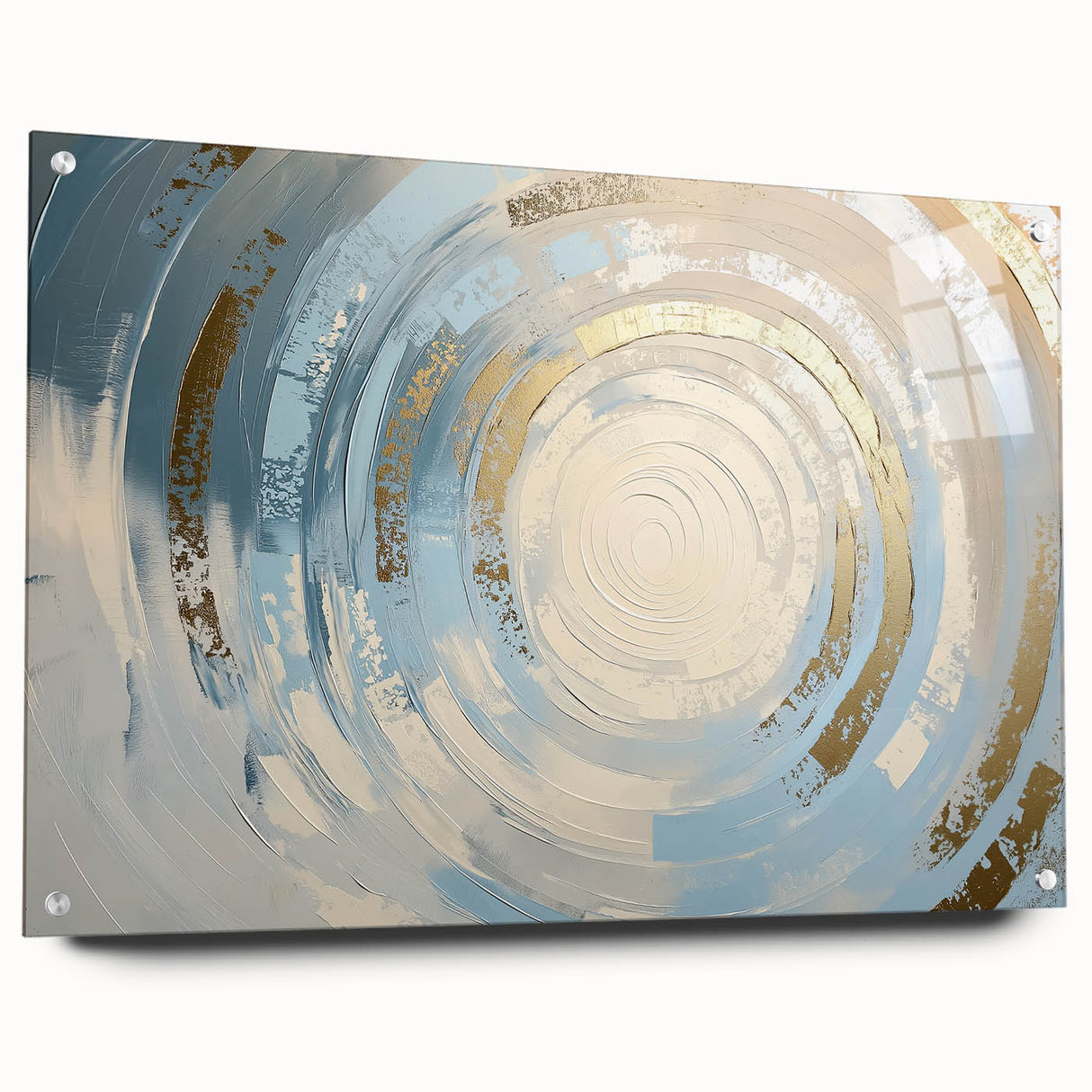 Abstract geometric acrylic design featuring a vibrant color palette, set against a sleek glass backdrop, showcasing a side view with decorative pins for hanging. Perfect for modern home decor or art enthusiasts.