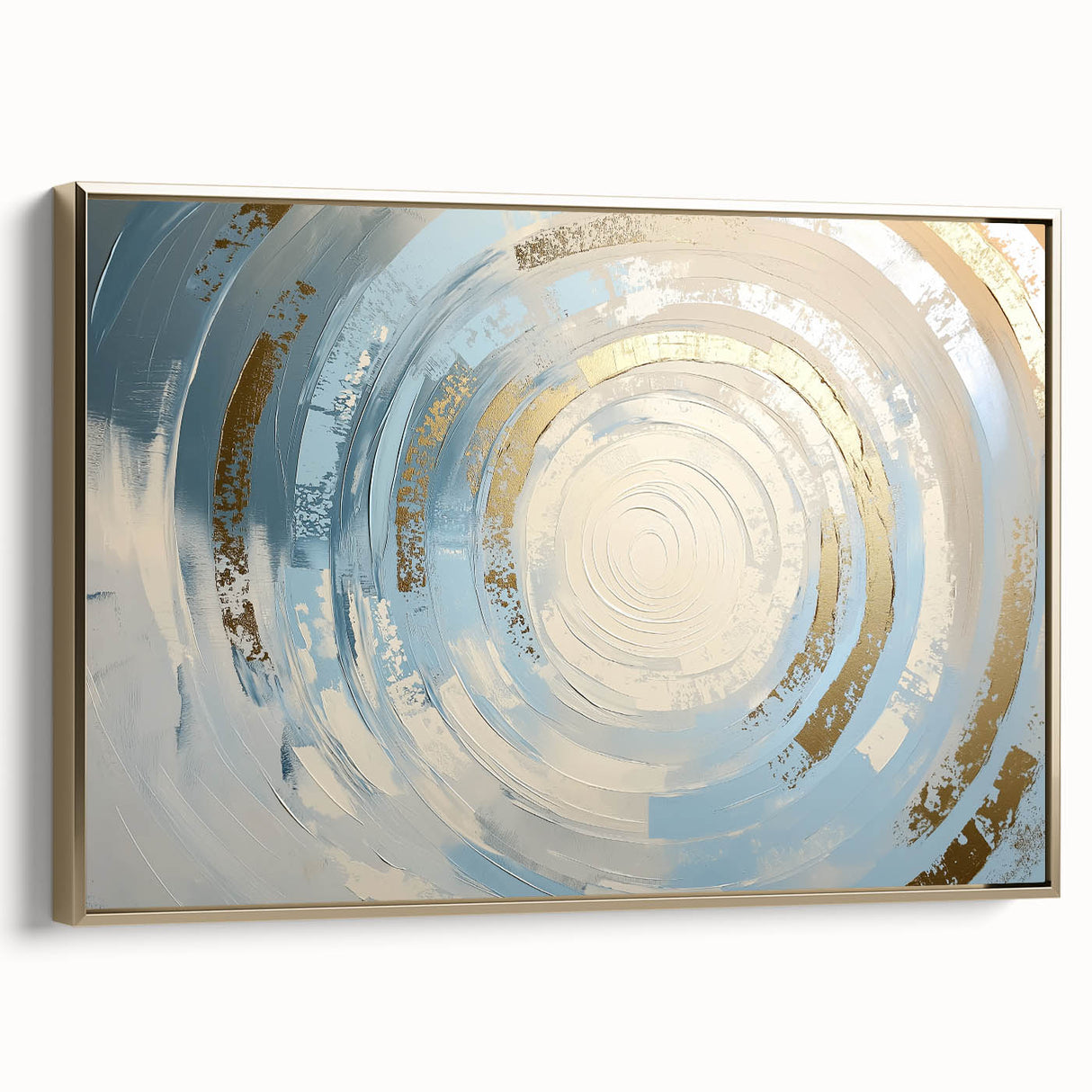 Framed geometric canvas art in gold tones, showcasing an abstract design. The side view highlights its sleek profile, perfect for modern decor. Ideal for contemporary home styling.
