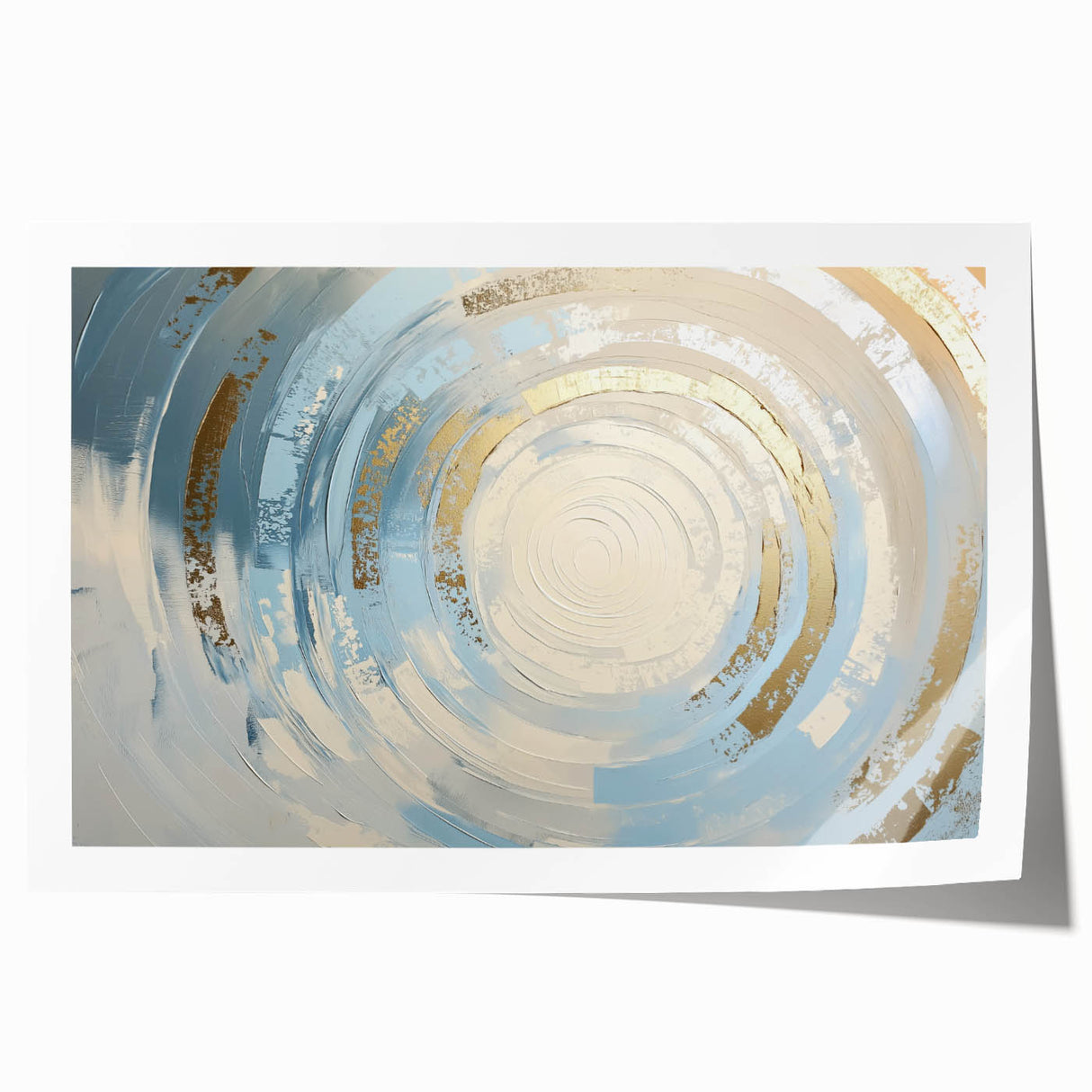 Geometric abstract rolled print showcasing vibrant blue and gold shapes, elegantly designed for modern decor. Perfect for enhancing contemporary interiors, available in a protective cardboard tube.