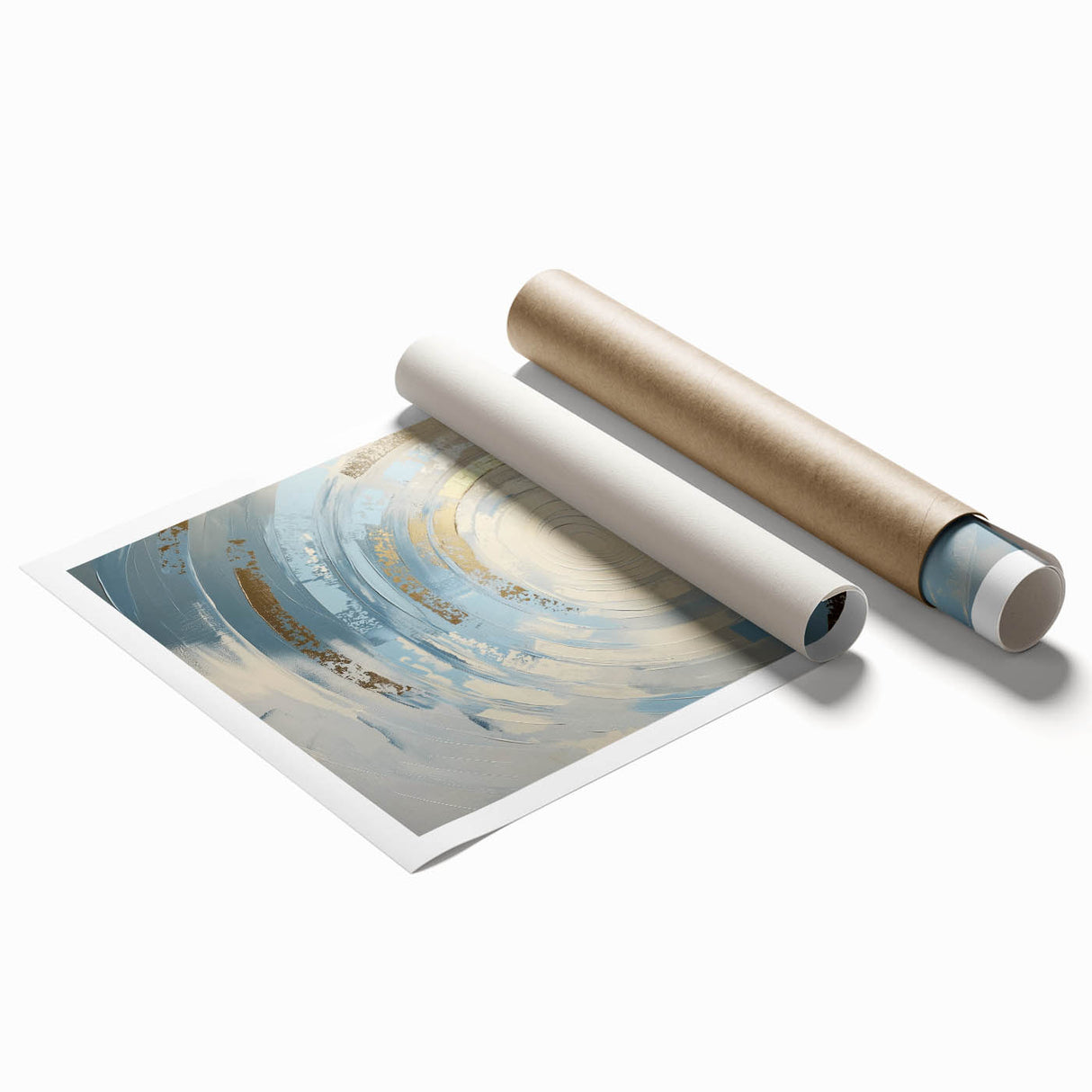 Abstract geometric rolled print featuring vibrant colors and sharp angles, elegantly packaged in a protective cardboard tube, ideal for modern home decor.