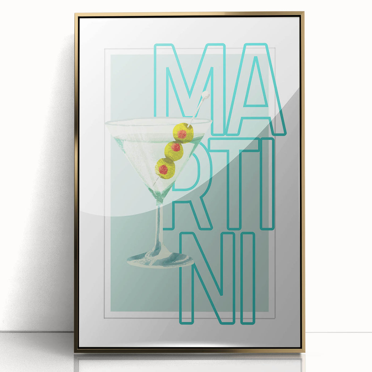Large art print of assorted fruits and beverages in vibrant colors on a gold-framed acrylic, ideal for modern kitchen decor.