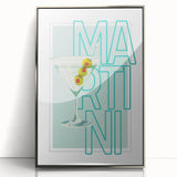 Mid-century modernist art depicting food and drinks in vibrant colors on a framed acrylic, ideal for modern kitchen decor.