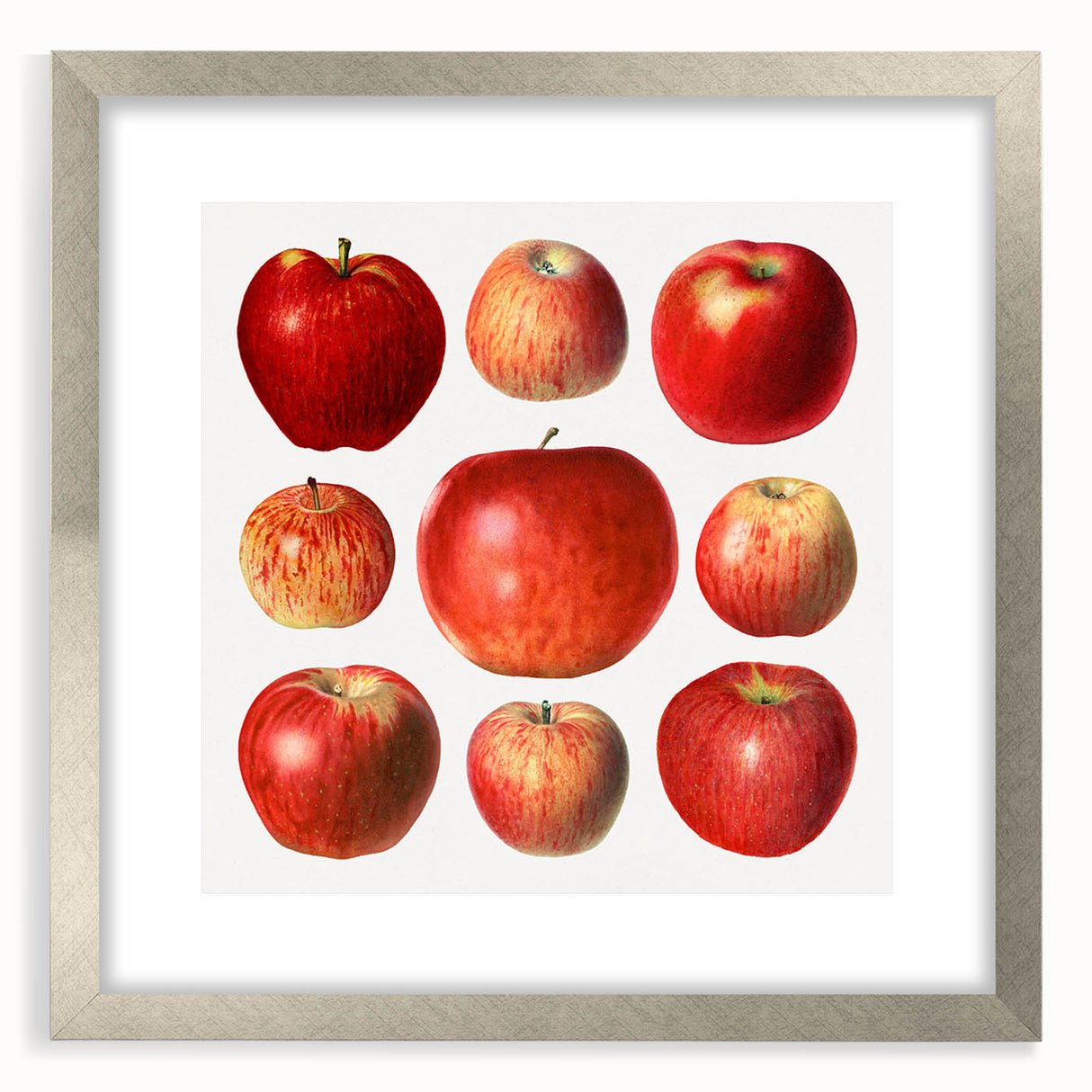 Textured art print of abstract fruits in vibrant orange and green, framed in silver, ideal for bedroom art.