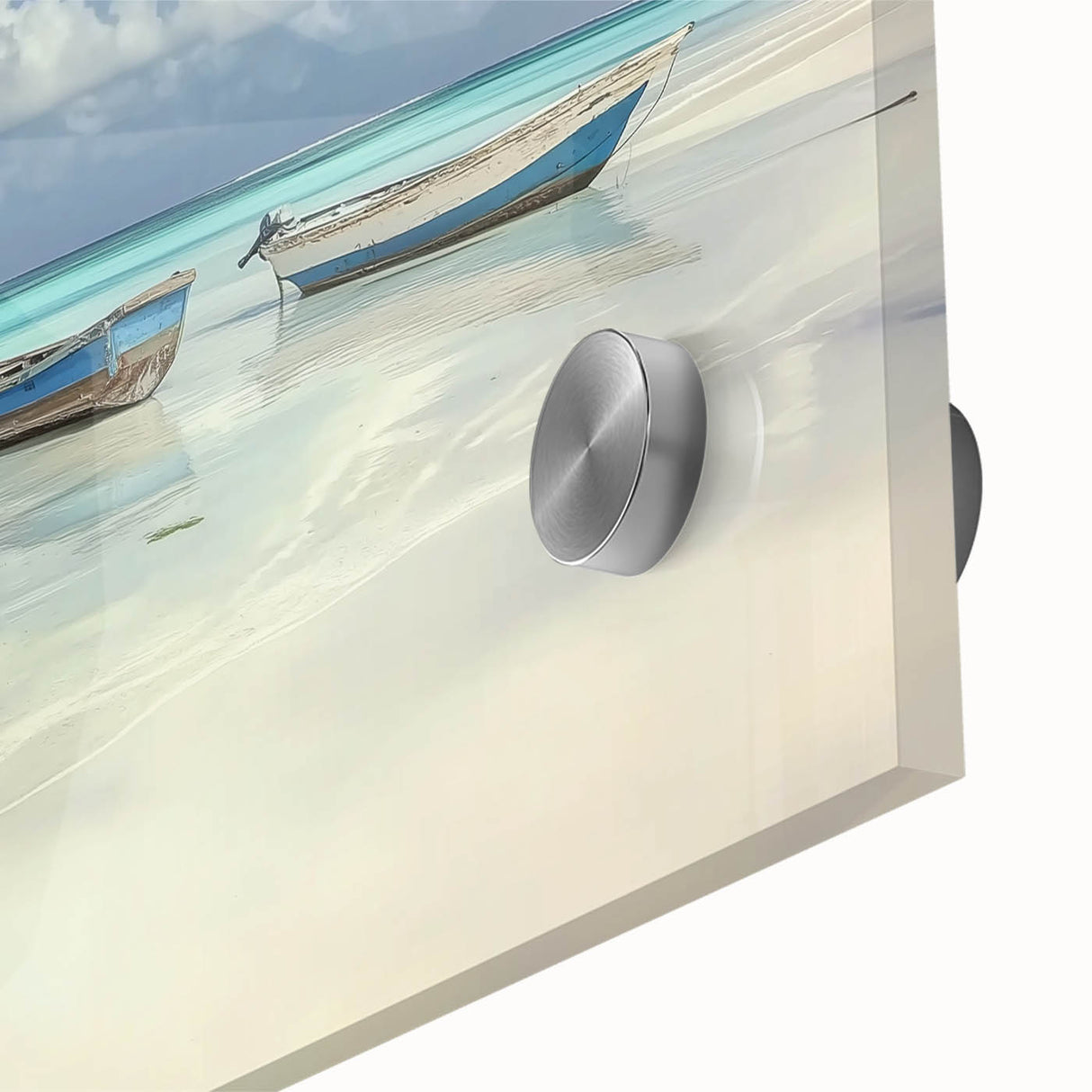 Close-up of a vibrant acrylic landscape artwork depicting serene beaches, showcasing vivid colors and intricate details, ideal for home decor or beach-themed interiors.
