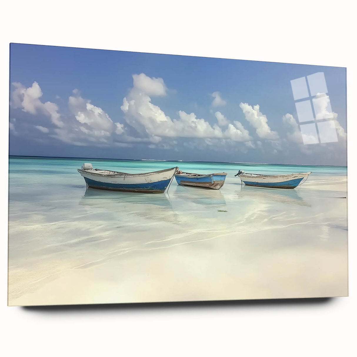 Acrylic glass artwork depicting a serene beach landscape in vibrant colors, showcasing gentle waves and a clear sky, designed for modern home decor.