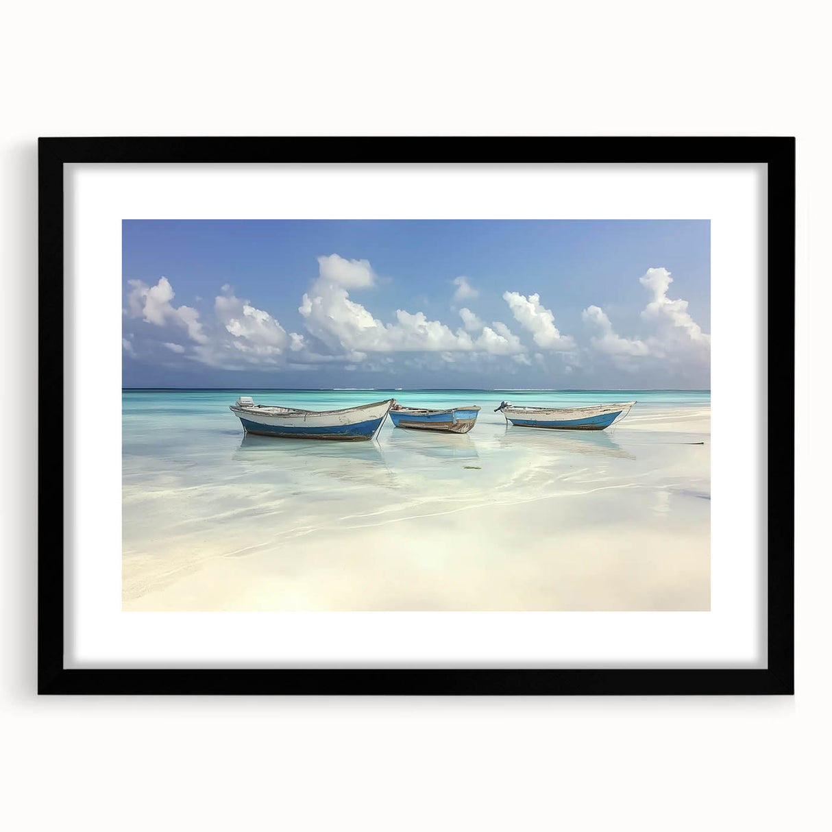 Elegant black-framed landscape artwork showcasing a serene beach scene, complete with a white mat for enhanced display. Ideal for coastal decor enthusiasts.